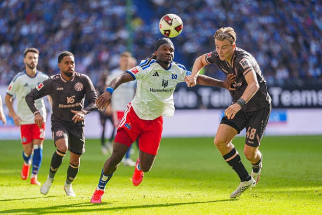 Terem Moffi (Hamburger SV, 09), Kacper Potulski (1. FSV Mainz 05, 48) GER, Hamburger SV vs. 1. FSV Mainz 05, Fußball, 1. Bundesliga, Spieltag 02, Saison 2026 2027, 06.09.2026 DFL REGULATIONS PROHIBIT ANY USE OF PHOTOGRAPHS AS IMAGE SEQUENCES AND OR QUASI-VIDEO GER, Hamburger SV vs. 1. FSV Mainz 05, Fußball, 1. Bundesliga, Spieltag 02, Saison 2026 2027, 06.09.2026 Hamburg *** Terem Moffi, Hamburger SV, 09; Kacper Potulski, 1 FSV Mainz 05, 48 GER; Hamburger SV vs. 1 FSV Mainz 05, Soccer, Bundesliga 1, Matchday 02, 2026–2027 Season, September 6, 2026 DFL regulations prohibit any use of photographs as image sequences and or quasi-video GER, Hamburger SV vs. 1. FSV Mainz 05, soccer, 1st Bundesliga, Matchday 02, 2026–2027 Season, September 6, 2026, Hamburg Copyright: xEibner-Pressefoto MarcelxvonxFehrnx EP_MFN