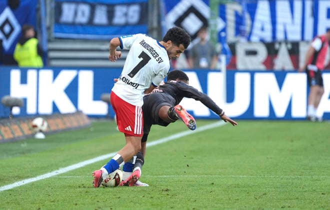 Foto : Zakaria EL OUAHDI ( HSV ) gegen Philipp MWENE ( Mainz ) Fussball Bundesliga , 2. Spieltag am So. 06.09.2026 Hamburger SV - FSV Mainz *** Photo by Zakaria EL OUAHDI: HSV vs. Philipp MWENE, Mainz; Bundesliga, Matchday 2 on Sun, Sept. 6, 2026; Hamburger SV vs. FSV Mainz