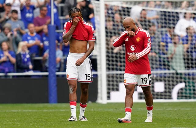 Liverpool, England, 6th September 2026. Leny Yoro of Manchester United, ManU (L) and Bryan Mbeumo of Manchester United react at the final whistle during the Everton vs Manchester United Premier League match at Hill Dickinson Stadium, Liverpool. Picture credit should read: Andrew Yates Sportimage EDITORIAL USE ONLY. No use with unauthorised audio, video, data, fixture lists, club league logos or live services. Online in-match use limited to 120 images, no video emulation. No use in betting, games or single club league player publications. SPI_020_AY_EVERTON_MAN_UTD SPI-4979-0019
