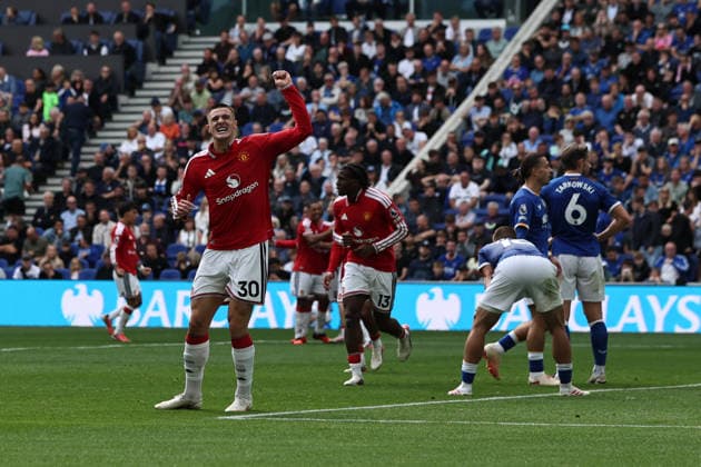 6th September 2026; Hill Dickinson Stadium, Liverpool, England; Premier League Football, Everton versus Manchester United, ManU Benjamin Sesko of Manchester United celebrates after scoring with a header for 1-2 after 88 minutes DavidxBlunsden