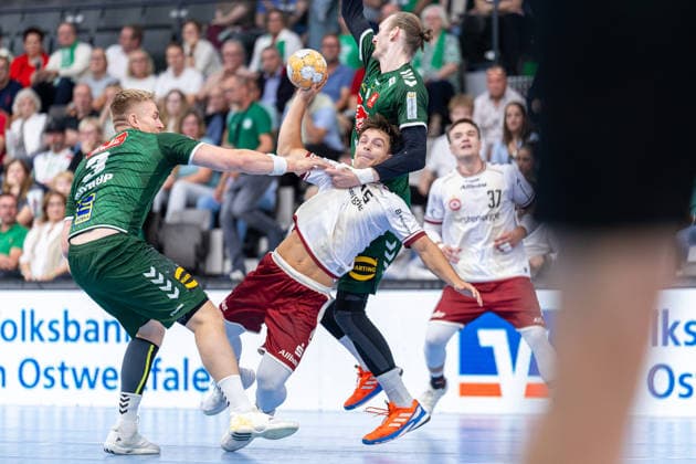 (L-R) Daniel Astrup Pedersen (GWD Minden, 03), Lukas Diedrich (TuSEM Essen, 16), Antonio Metzner (GWD Minden, 20) GER, GWD Minden vs. TuSEM Essen, Handball, 2. Bundesliga, 2. Spieltag, Spielzeit 2026 2027, 06.09.2026 GER, GWD Minden vs. TuSEM Essen, Handball, 2. Bundesliga, 2. Spieltag, Spielzeit 2026 2027, 06.09.2026 Minden Copyright: xEibner-Pressefoto JanxRollingerx EP_JSK
