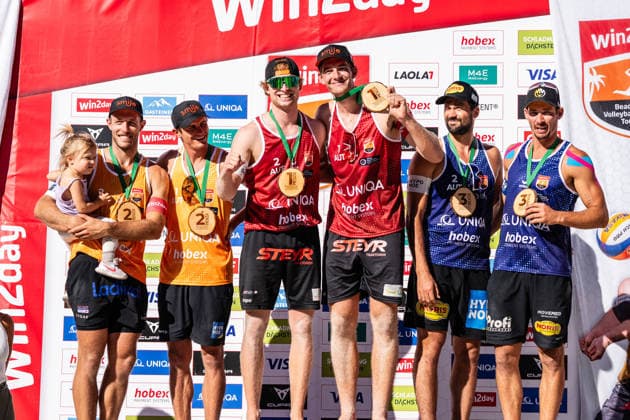 Beach volleyball, Beachvolleyball - MEVZA Schladming SCHLADMING,AUSTRIA,06.SEP.26 - BEACH VOLLEYBALL - win2day Tour PRO, MEVZA Schladming. Image shows Phillip Waller (AUT), Moritz Pristauz (AUT), Timo Hammarberg (AUT), Tim Berger (AUT), Mathias Seiser (AUT) and Drexler Christoph (AUT).  GEPAxpictures xJulioxArellano