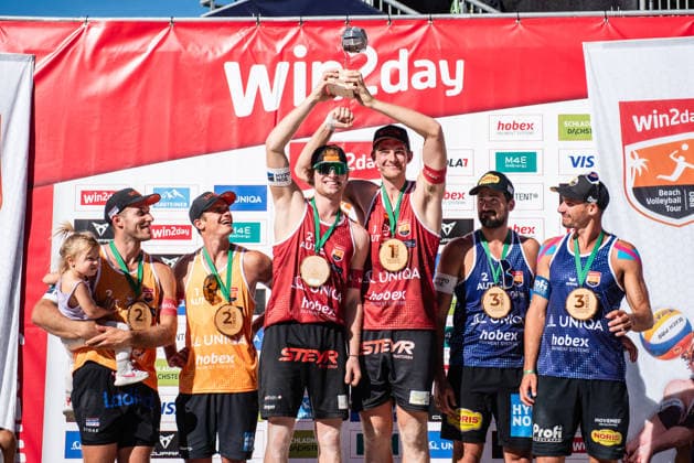 Beach volleyball, Beachvolleyball - MEVZA Schladming SCHLADMING,AUSTRIA,06.SEP.26 - BEACH VOLLEYBALL - win2day Tour PRO, MEVZA Schladming. Image shows Phillip Waller (AUT), Moritz Pristauz (AUT), Timo Hammarberg (AUT), Tim Berger (AUT), Mathias Seiser (AUT) and Drexler Christoph (AUT)Drexler Christoph (AUT) and Moritz Pristauz (AUT).  GEPAxpictures xJulioxArellano