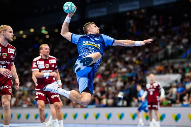 TVB Stuttgart - Füchse Berlin Handball: 1. Bundesliga, Herren, Saison 2026 2027, TVB Stuttgart - Füchse Berlin, Porsche Arena. Stuttgarts Simone Mengon in Aktion. Stuttgart Porsche Arena Baden-Württemberg Deutschland