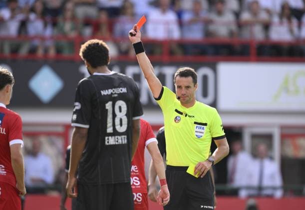 RECORD DATE NOT STATED Kortrijk s Rok Storman receives a second yellow card from the referee during a soccer match between KV Kortrijk and SV Zulte Waregem, Sunday 6 September 2026 in Kortrijk, on day 5 of the 2026-2027 Jupiler Pro League first division of the Belgian championship. JOHNxTHYS  x185452720x