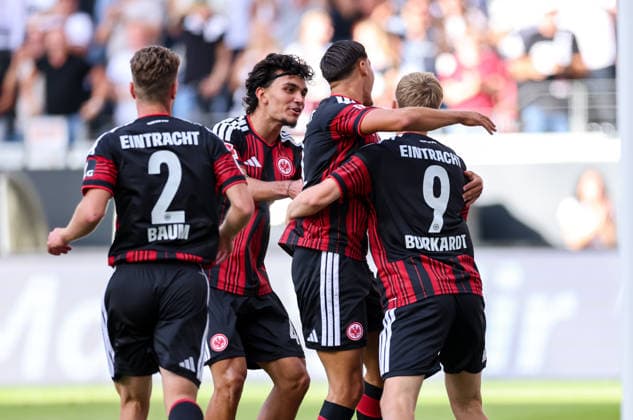 06.09.2026, Fussball Bundesliga, Eintracht Frankfurt - FC Augsburg, v.l., Torjubel zum 1:0 durch Jonathan Burkardt (Eintracht Frankfurt), Goal celebration, celebrate the goal DFL DFB REGULATIONS PROHIBIT ANY USE OF PHOTOGRAPHS AS IMAGE SEQUENCES AND OR QUASI-VIDEO. xdcx *** September 6, 2026, Bundesliga Soccer, Eintracht Frankfurt vs. FC Augsburg, from left, goal celebration for the 1–0 goal by Jonathan Burkardt (Eintracht Frankfurt), Goal celebration, celebrating the goal. DFL and DFB regulations prohibit any use of photographs as image sequences and or quasi-video. xdcx Copyright: HMBxMedia Claus