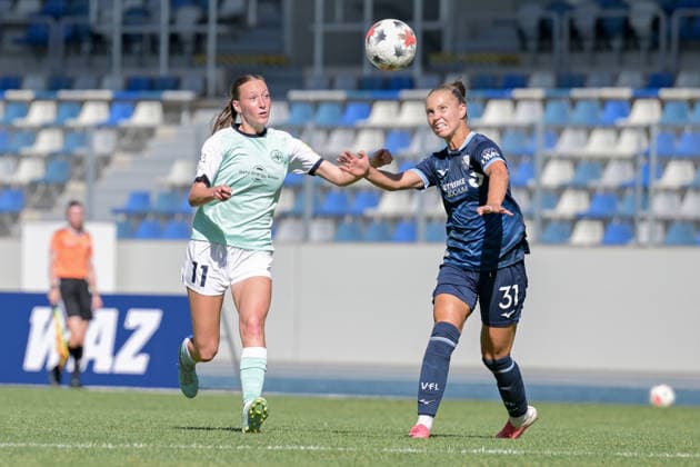 06.09.2026, Fußball, 2. Frauen-Bundesliga, 2026 2027, 5. Spieltag, VfL Bochum - SG 99 Andernach Franziska Wenzel (31 Bochum) klärt den Ball mit dem Kopf vor der heranstürmenden Ina Keller (11 Andernach). *** September 6, 2026, Soccer, Women s Bundesliga 2, 2026–2027, Matchday 5, VfL Bochum SG 99 Andernach Franziska Wenzel 31 Bochum clears the ball with her head before the onrushing Ina Keller 11 Andernach