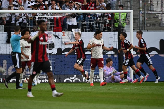 06.09.2026, xjhx, Fussball 1.Bundesliga, Eintracht Frankfurt - FC Augsburg v.l. Torjubel nach dem Tor zum celebrating the goal celebrate 1:0 durch Jonathan Jonny Burkardt (Eintracht Frankfurt) (DFL DFB REGULATIONS PROHIBIT ANY USE OF PHOTOGRAPHS as IMAGE SEQUENCES and or QUASI-VIDEO) Frankfurt am Main *** September 6, 2026, xjhx, Soccer, Bundesliga 1, Eintracht Frankfurt vs. FC Augsburg: Goal celebration after Jonathan Jonny Burkardt scored the 1-0 goal for Eintracht Frankfurt. DFL, DFB regulations prohibit any use of photographs as image sequences and or quasi-video. Frankfurt am Main