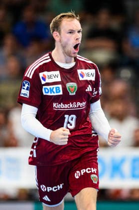 TVB Stuttgart - Füchse Berlin Handball: 1. Bundesliga, Herren, Saison 2026 2027, TVB Stuttgart - Füchse Berlin, Porsche Arena. Berlins Mathias Gidsel jubelt. Stuttgart Porsche Arena Baden-Württemberg Deutschland