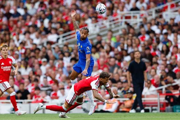 Joao Pedro of Chelsea fouls Ben White of Arsenal and receives a yellow card Arsenal v Chelsea, Premier League, Football, Emirates Stadium, London, UK - 06 Sep 2026London Emirates Stadium United Kingdom EDITORIAL USE ONLY No use with unauthorised audio, video, data, fixture lists, club league logos or live services. Online in-match use limited to 120 images, no video emulation. No use in betting, games or single club league player publications.  Copyright: xMattxImpey Shutterstockx 17137590h