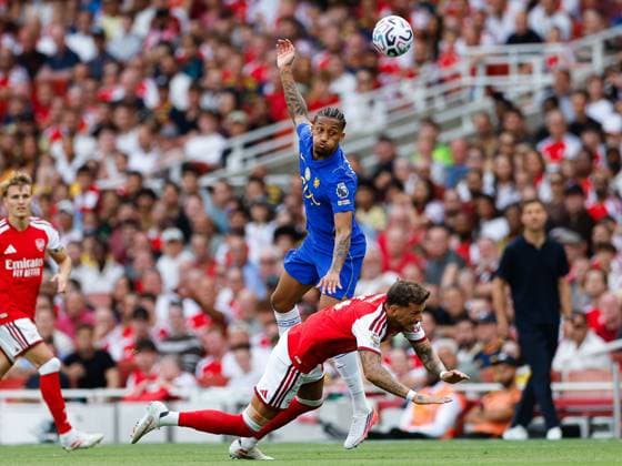 Joao Pedro of Chelsea fouls Ben White of Arsenal and receives a yellow card Arsenal v Chelsea, Premier League, Football, Emirates Stadium, London, UK - 06 Sep 2026London Emirates Stadium United Kingdom EDITORIAL USE ONLY No use with unauthorised audio, video, data, fixture lists, club league logos or live services. Online in-match use limited to 120 images, no video emulation. No use in betting, games or single club league player publications.  Copyright: xMattxImpey Shutterstockx 17137590f