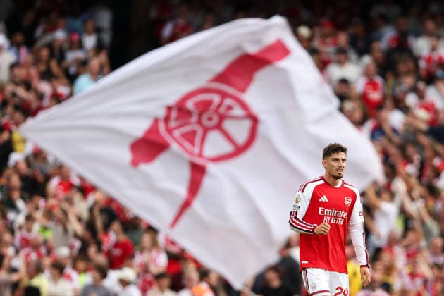 Arsenal v Chelsea 6 September 2026, London - Premier League Football - Arsenal v Chelsea - Kai Havertz of Arsenal walks back after scoring their first goal with an Arsenal flag in the background - Photo: Charlotte Wilson Offside. London UK Copyright: xCharlottexWilsonx xOffsidexOffside