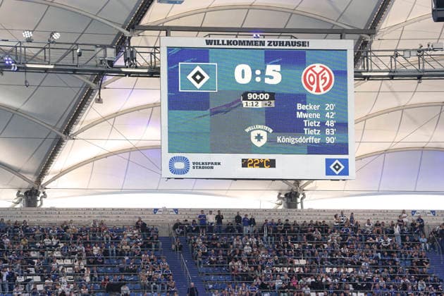 Foto : das Endergebnis in Hamburg Fussball Bundesliga , 2. Spieltag am So. 06.09.2026 Hamburger SV - FSV Mainz 0 - 5 *** Photo: The final score in the Hamburg Bundesliga soccer match, Matchday 2 on Sun, Sept. 6, 2026: Hamburger SV 0–5 FSV Mainz