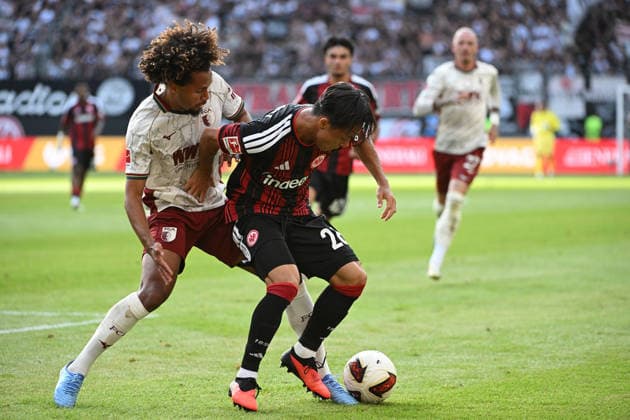 06.09.2026, xpsx, Fussball 1.Bundesliga, Eintracht Frankfurt - FC Augsburg v.l. Han-Noah Massengo (FC Augsburg) Keita Kosugi (Eintracht Frankfurt) Zweikampf, Aktion, action, battle for the ball (DFL DFB REGULATIONS PROHIBIT ANY USE OF PHOTOGRAPHS as IMAGE SEQUENCES and or QUASI-VIDEO) Frankfurt am Main *** September 6, 2026, xpsx, Soccer, Bundesliga 1, Eintracht Frankfurt vs. FC Augsburg, Han Noah Massengo (FC Augsburg), Keita Kosugi (Eintracht Frankfurt), tackle, action, battle for the ball. DFL and DFB regulations prohibit any use of photographs as image sequences and or quasi-video. Frankfurt am Main