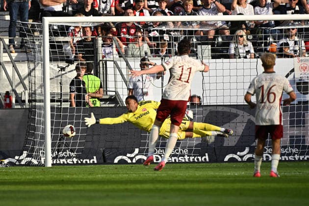 Sport Bilder des Tages 06.09.2026, xjhx, Fussball 1.Bundesliga, Eintracht Frankfurt - FC Augsburg v.l. Noah Atubolu (Eintracht Frankfurt) beim Tor zum 1:1 (DFL DFB REGULATIONS PROHIBIT ANY USE OF PHOTOGRAPHS as IMAGE SEQUENCES and or QUASI-VIDEO) Frankfurt am Main *** September 6, 2026, xjhx, Soccer, Bundesliga 1, Eintracht Frankfurt vs. FC Augsburg – Noah Atubolu of Eintracht Frankfurt scoring the 1–1 goal. DFL and DFB regulations prohibit any use of photographs as image sequences and or quasi-video. Frankfurt am Main
