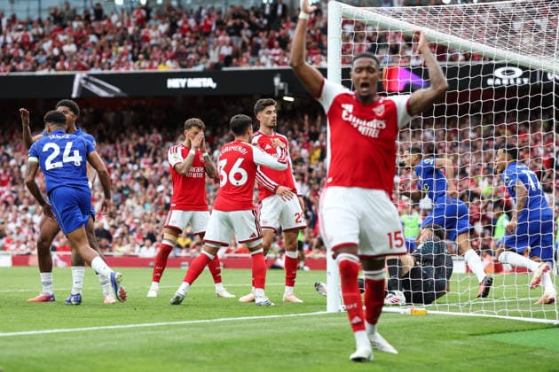 Arsenal v Chelsea 6 September 2026, London - Premier League Football - Arsenal v Chelsea - Ben White of Arsenal, Kai Havertz of Arsenal and Ezri Konsa of Arsenal react as the ball is saved - Photo: Charlotte Wilson Offside. London UK Copyright: xCharlottexWilsonx xOffsidexOffside
