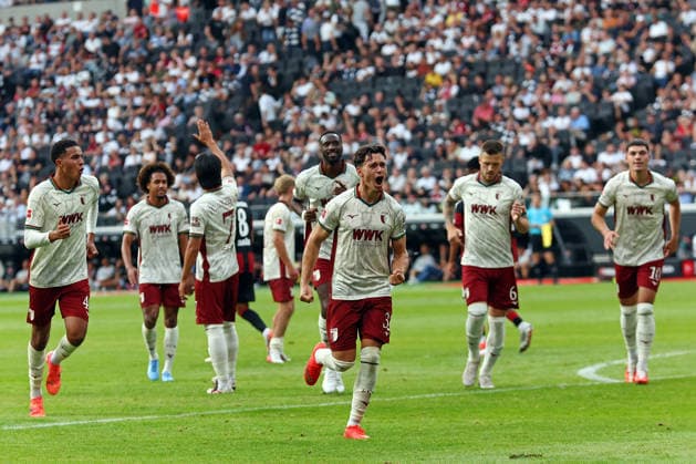 06.09.2026, xovx, Fußball Fußball Bundesliga, Eintracht Frankfurt - FC Augsburg Jubel nach dem Tor zum1:4 durch Fabian Rieder (FC Augsburg) (DFL DFB REGULATIONS PROHIBIT ANY USE OF PHOTOGRAPHS as IMAGE SEQUENCES and or QUASI-VIDEO) emspor Frankfurt *** September 6, 2026, xovx, Soccer, Bundesliga, Eintracht Frankfurt vs. FC Augsburg, Celebration after Fabian Rieder’s goal to make it 1–4, FC Augsburg, DFL, DFB. REGULATIONS PROHIBIT ANY USE OF PHOTOGRAPHS as IMAGE SEQUENCES and or QUASI-VIDEO. Eintracht Frankfurt