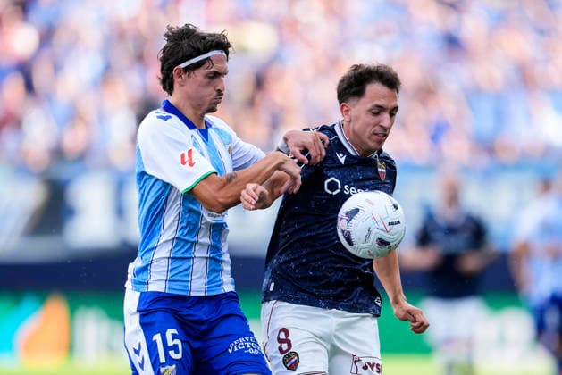 September 6, 2026, Malaga, Malaga, Spain: Angel Recio of Malaga CF and Jon Ander Olasagasti of Levante UD in action during the Spanish league, LaLiga EA Sports, football match played between Malaga CF and Levante UD at La Rosaleda stadium on September 6, 2026, in Malaga, Spain. Malaga Spain - ZUMAa181 20260906_zaa_a181_124 Copyright: xJoaquinxCorcherox