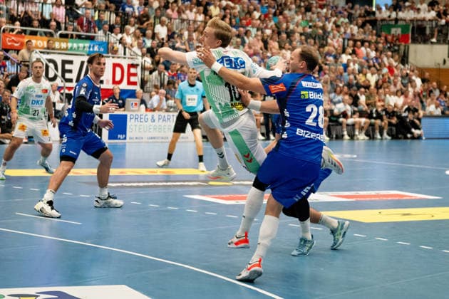 Gisli Thorgeir Kristjansson, (SC Magdeburg, 10), am Kreis erfolgreich, Tobias Heinzelmann (HBW Balingen Weilstetten, 28) kommt zu spaet, HBW Balingen Weilstetten vs. SC Magdeburg, GER, Opel 1. Handball Bundesliga, Meisterschaft, Spieltag 3, Saison 2026 2027, 06.09.2026, Eibner-Pressefoto Andreas Ulmer HBW Balingen Weilstetten vs. SC Magdeburg, GER, Opel 1. Handball Bundesliga, Meisterschaft, Spieltag 3, Saison 2026 2027, 06.09.2026, Balingen Copyright: xEibner-Pressefoto AndreasxUlmerx EP_AUR