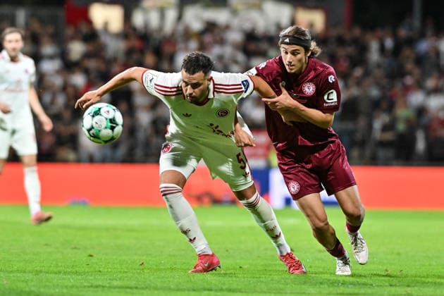 3. Liga; SC Fortuna Köln - Fortuna Düsseldorf; 06.09.2026 KÖLN, GERMANY; 06. SEPTEMBER: im Duell Yassine BOUCHAMA (Fortuna Düsseldorf 5) und Bennit BRÖGER (Fortuna Köln 38) während dem Match der 3. Liga zwischen dem SC Fortuna Köln und Fortuna Düsseldorf am 4. Spieltag im Südstadion Köln Copyright: xBEAUTIFULxSPORTS Goldbergx