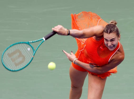 Aryna Sabalenka of Belarus serves in the first set before defeating Taylor Townsend in straight sets in Arthur Ashe Stadium in the 4th round at the 2026 US Open Tennis Championship at the USTA Billie Jean King National Tennis Center in New York City on Sunday, September 6, 2026.  NYP20260906106 JOHNxANGELILLO