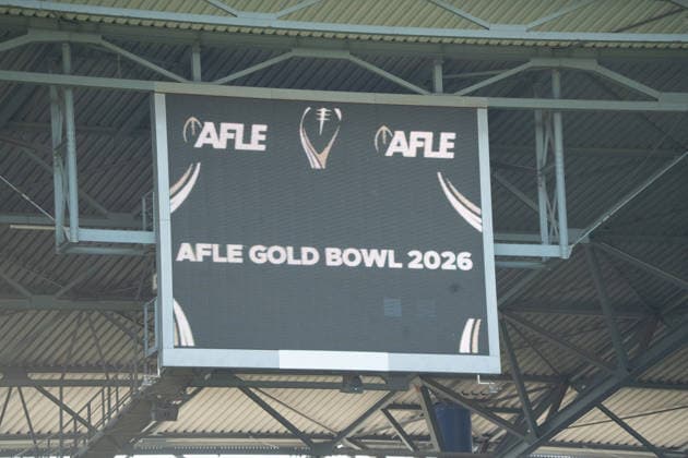 Deutschland: 06.09.2026, The AFLE Gold Bowl 2026 - Panthers Wroclaw vs. Vienna Vikings, Schauinsland-Reisen-Arena (Duisburg): Die Stadion Leinwand zum AFLE GOLD BOW 2026 Duisburg Deutschland Copyright: xMijoxLubecx