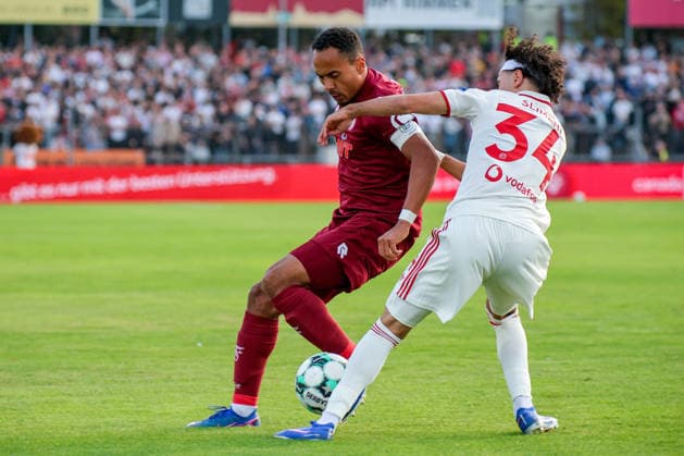 06.09.2026, xsefx, Fußball, SC Fortuna Köln - Fortuna Düsseldorf, 3.Liga, Südstation, 4. Spieltag, Saison 2026 2027: Robin Afamefuna (Fortuna Koeln 22) im Zweikampf gegen Anas Slimani (Fortuna Düsseldorf 34) DFB regulations prohibit any use of photographs as image sequences and or quasi-video. Nordrhein-Westfalen Deutschland
