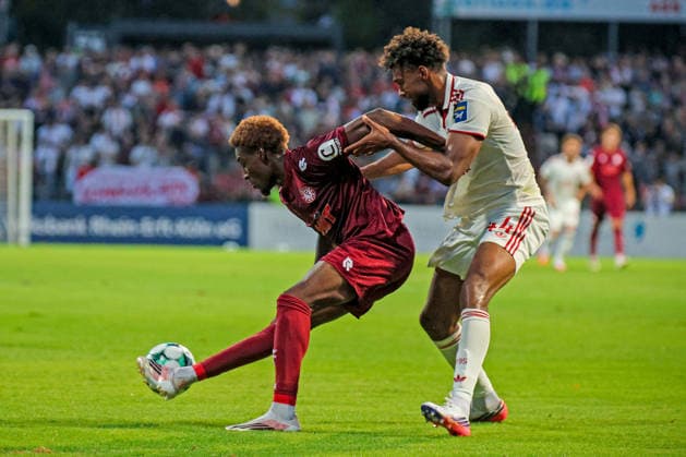 06.09.2026, xsefx, Fußball, SC Fortuna Köln - Fortuna Düsseldorf, 3.Liga, Südstation, 4. Spieltag, Saison 2026 2027: Romeo Aigbekaen (Fortuna Koeln 30) im Zweikampf gegen Elias Egouli (Fortuna Düsseldorf 44) DFB regulations prohibit any use of photographs as image sequences and or quasi-video. Nordrhein-Westfalen Deutschland