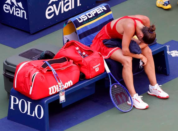 Marta Kostyuk of Ukraine reacts after losing a game in the second set against Linda Noskova of Czechia in Louis Armstrong Stadium in the 4th round at the 2026 US Open Tennis Championship at the USTA Billie Jean King National Tennis Center in New York City on Sunday, September 6, 2026. Noskova defeated Kostyuk in 3 sets and advances to the quarterfinals.  NYP20260906122 JOHNxANGELILLO