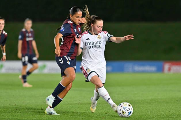 September 6, 2026, Madrid, Madrid, Spain: 14 SIMONA BOTERO of SD Eibar Femenino disputes a ball 3 JANOU LEVELS of Real Madrid CF Femenino during the Spanish Women League, Liga F, football match played between REAL MADRID fem Vs SD EIBAR femenino at Alfredo Di Stefano stadium on September 6, 2026, in Valdebebas, Madrid, Spain. Spanish Women League REAL MADRID Vs SD EIBAR Femenino (09.06.27) - ZUMAc312 20260906_zsp_c312_303 Copyright: xOscarxManuelxSanchezx
