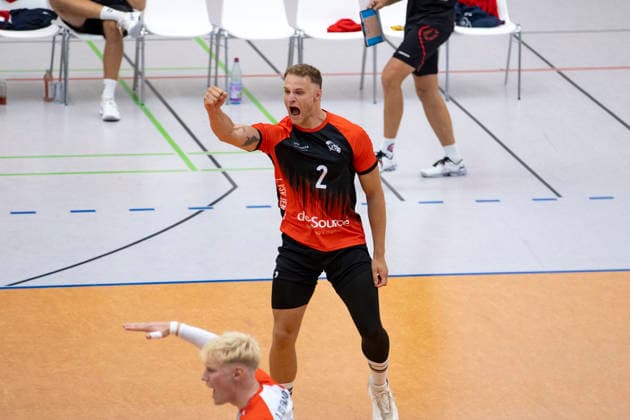 TVV-Pokalfinale Herren: Blue Volleys Gotha vs. 1. VSV Jena 90; Erfurt; 06.09.2026 Jubel, Felix Roller ( 2; 1. VSV Jena 90) TVV-Pokalfinale Herren: Blue Volleys Gotha vs. 1. VSV Jena 90; Riethsporthalle Erfurt; 06.09.2026 Copyright: xBEAUTIFULxSPORTS Duehringx