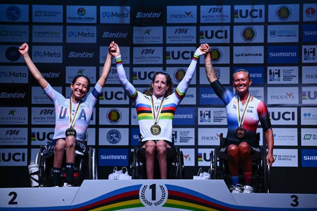 2026 UCI Para-cycling Road World Championships Picture by Olly Hassell SWpix.com - 06 09 2026 - Cycling - 2026 UCI Para-cycling Road World Championships - Huntsville, Alabama, United States of America - Women H4 Road Race podium - Sandra Fuhrer (Switzerland) wins the Gold Medal to become World Champion, Emelia Perry (USA) receiving the Silver Medal, Kristina Madajova (Slovakia) receiving the Bronze Medal Huntsville Cummings Research Park United States of America Copyright: x xSWpix.comx(t axPhotographyxHubxLtd)xOllyxHassell SWpix.comx SWP-3030-23406