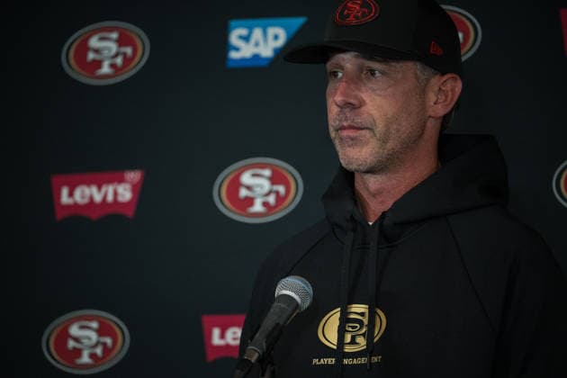 NFL, American Football Herren, USA 49ERS TRAINING, Coach Kyle Shanahan speaks to the media before a San Francisco 49ers NFL training session at AAMI Park in Melbourne, Monday, September 7, 2026. ( NO ARCHIVING MELBOURNE VICTORIA AUSTRALIA  Copyright: xCHRISTOPHERxHOPKINSx 20260907128750247594