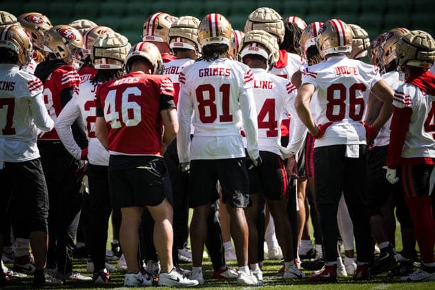 NFL, American Football Herren, USA 49ERS TRAINING, General view of warm ups during a San Francisco 49ers NFL training session at AAMI Park in Melbourne, Monday, September 7, 2026. ( NO ARCHIVING MELBOURNE VICTORIA AUSTRALIA  Copyright: xCHRISTOPHERxHOPKINSx 20260907138883863302