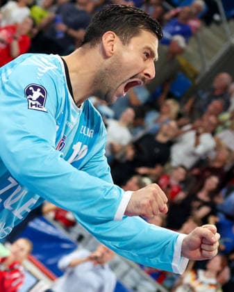 06.09.2026, Deutschland, Bietigheim, Handball Bundesliga, Saison 2026 2027 SG BBM Bietigheim vs. TBV Lemgo, Martin Tomovski (BBM) jubelt, Jubel