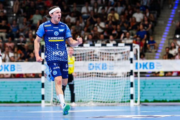 TVB Stuttgart - Füchse Berlin Handball: 1. Bundesliga, Herren, Saison 2026 2027, TVB Stuttgart - Füchse Berlin, Porsche Arena. Stuttgarts Kasper Lien jubelt. Stuttgart Porsche Arena Baden-Württemberg Deutschland