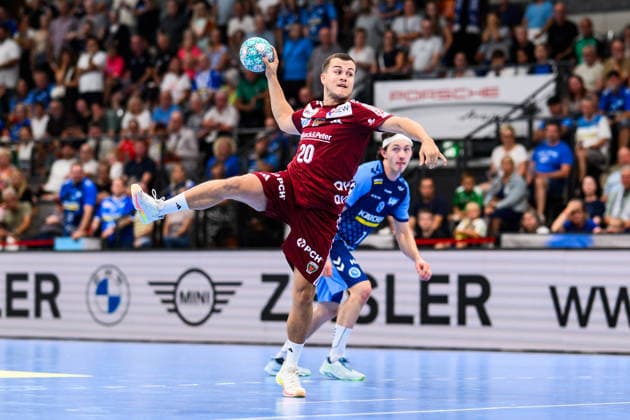 TVB Stuttgart - Füchse Berlin Handball: 1. Bundesliga, Herren, Saison 2026 2027, TVB Stuttgart - Füchse Berlin, Porsche Arena. Berlins Tim Freihöfer in Aktion. Stuttgart Porsche Arena Baden-Württemberg Deutschland