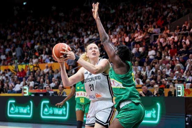 Marie Guelich (Germany) und Rokia Doumbia (Mali) battle for the ball during the FIBA Women s Basketball World Cup Germany 2026 group match between Germany and Mali at Berlin Arena on September 7, 2026 in Berlin, Germany. (Photo by Marco Steinbrenner DeFodi Images) -