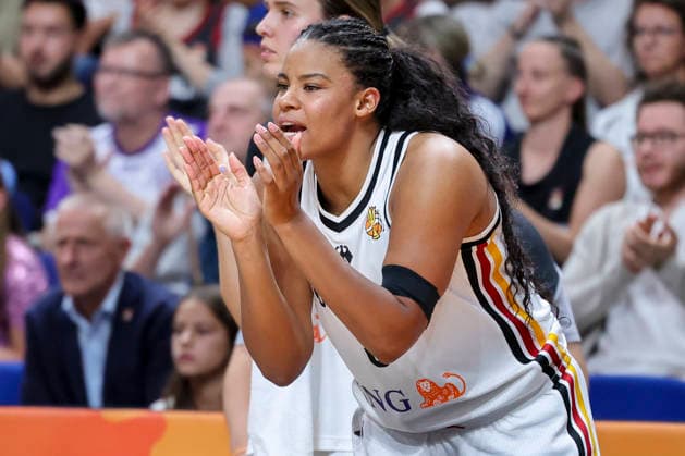 Nyara Sabally (Germany) cheers during the FIBA Women s Basketball World Cup Germany 2026 group match between Germany and Mali at Berlin Arena on September 7, 2026 in Berlin, Germany. (Photo by Marco Steinbrenner DeFodi Images) -