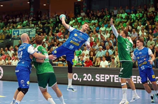 07.09.2026, xovx, Handball Opel Handball-Bundesliga, HSG Wetzlar - ThSV Eisenach v.l. Peter Walz (ThSV Eisenach), Petter Överby (HSG Wetzlar), Dominik Solak (ThSV Eisenach), Paul Kompenhans (HSG Wetzlar), Felix Aellen (ThSV Eisenach) Wetzlar Buderus Arena Hessen Deutschland (DE)