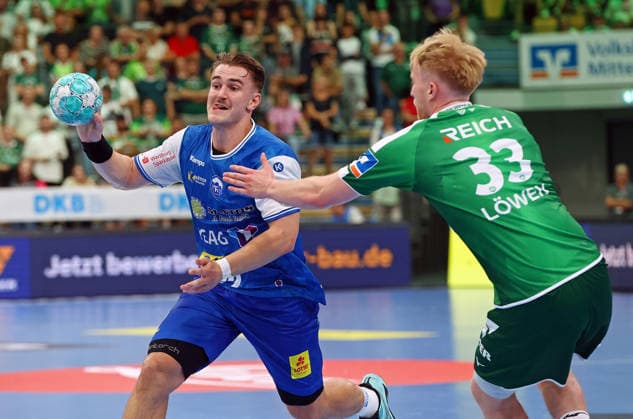 07.09.2026, xovx, Handball Opel Handball-Bundesliga, HSG Wetzlar - ThSV Eisenach v.l. Felix Aellen (ThSV Eisenach), Georg Löwen (HSG Wetzlar) Wetzlar Buderus Arena Hessen Deutschland (DE)