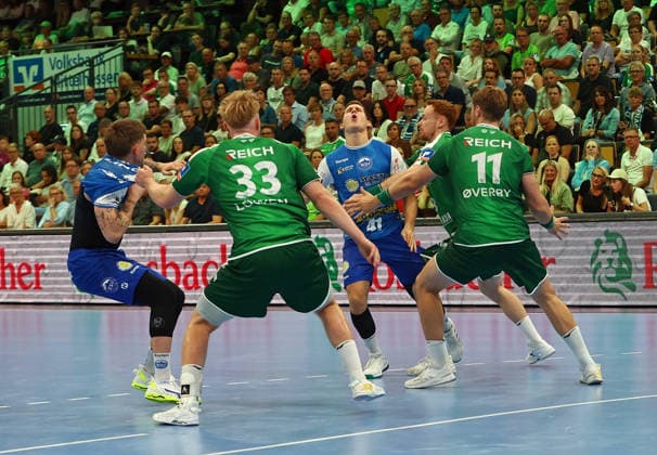 07.09.2026, xovx, Handball Opel Handball-Bundesliga, HSG Wetzlar - ThSV Eisenach v.l. Elias Scholtes (ThSV Eisenach), Georg Löwen (HSG Wetzlar), Vukasin Antonijevic (ThSV Eisenach), Tomas Piroch (HSG Wetzlar), Petter Överby (HSG Wetzlar) Wetzlar Buderus Arena Hessen Deutschland (DE)