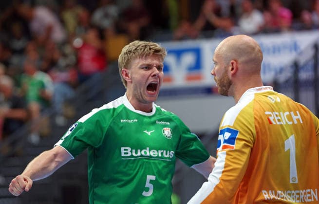 07.09.2026, xovx, Handball Opel Handball-Bundesliga, HSG Wetzlar - ThSV Eisenach v.l. Jubel bei Tristan Kirschner (HSG Wetzlar) und Bart Ravensbergen (HSG Wetzlar) Wetzlar Buderus Arena Hessen Deutschland (DE)