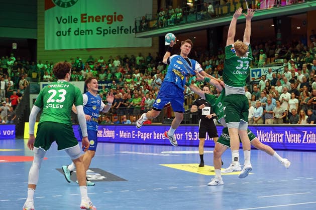 07.09.2026, xovx, Handball Opel Handball-Bundesliga, HSG Wetzlar - ThSV Eisenach v.l. Marti Soler (HSG Wetzlar), Felix Aellen (ThSV Eisenach), Oskar Joelsson (ThSV Eisenach), Petter Överby (HSG Wetzlar), Georg Löwen (HSG Wetzlar) Wetzlar Buderus Arena Hessen Deutschland (DE)
