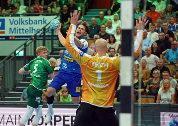 07.09.2026, xovx, Handball Opel Handball-Bundesliga, HSG Wetzlar - ThSV Eisenach v.l. Tristan Kirschner (HSG Wetzlar), David More (ThSV Eisenach), Bart Ravensbergen (HSG Wetzlar) Wetzlar Buderus Arena Hessen Deutschland (DE)