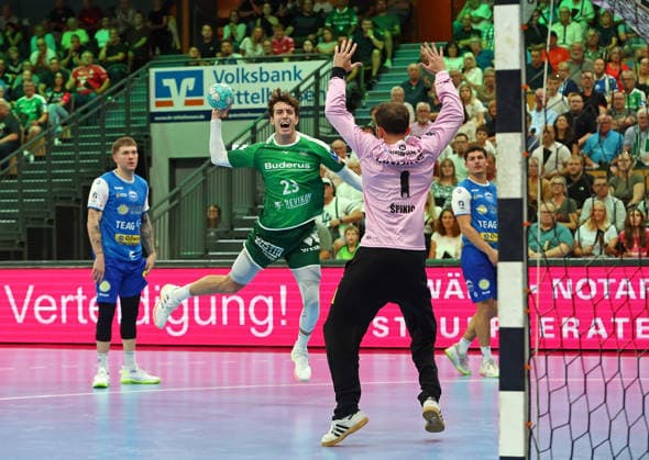 07.09.2026, xovx, Handball Opel Handball-Bundesliga, HSG Wetzlar - ThSV Eisenach v.l. Oskar Joelsson (ThSV Eisenach), Marti Soler (HSG Wetzlar), Matija Spikic (ThSV Eisenach), Gian Attenhofer (ThSV Eisenach) Wetzlar Buderus Arena Hessen Deutschland (DE)