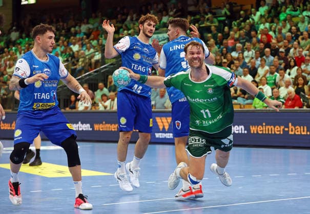 07.09.2026, xovx, Handball Opel Handball-Bundesliga, HSG Wetzlar - ThSV Eisenach v.l. Justin Kurch (ThSV Eisenach), Stephan Seitz (ThSV Eisenach), Oskar Joelsson (ThSV Eisenach), Petter Överby (HSG Wetzlar) Wetzlar Buderus Arena Hessen Deutschland (DE)