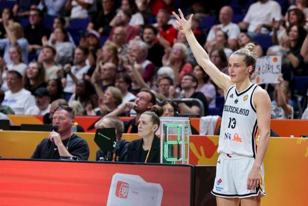 Leonie Fiebich (Germany) cheers during the FIBA Women s Basketball World Cup Germany 2026 group match between Germany and Mali at Berlin Arena on September 7, 2026 in Berlin, Germany. (Photo by Marco Steinbrenner DeFodi Images) -