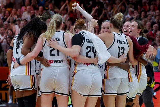 Following their victory over Mali the German women™s team are celebrating their second place in the table after the group stage during the FIBA Women s Basketball World Cup Germany 2026 group match between Germany and Mali at Berlin Arena on September 7, 2026 in Berlin, Germany. (Photo by Marco Steinbrenner DeFodi Images) -