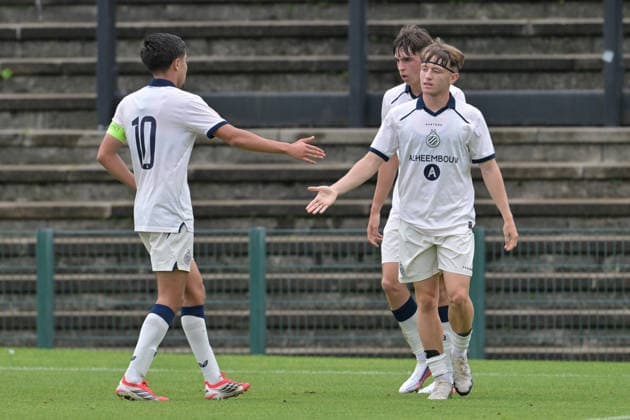 260908 Youth League Club Brugge vs Aston Villa Tian Koren (7) of Club Brugge NXT celebrates after scoring the 2-0 goal during the Uefa Youth League matchday 1 game in the League phase in season 2026 - 2027 between Club Brugge KV and Aston Villa on September 8 , 2026 in Roeselare, Belgium. (Photo by David Catry sportpix) Roeselare Schiervelde - The Nest West Flanders Belgium  Copyright: xsportpixxDavidxCatryx